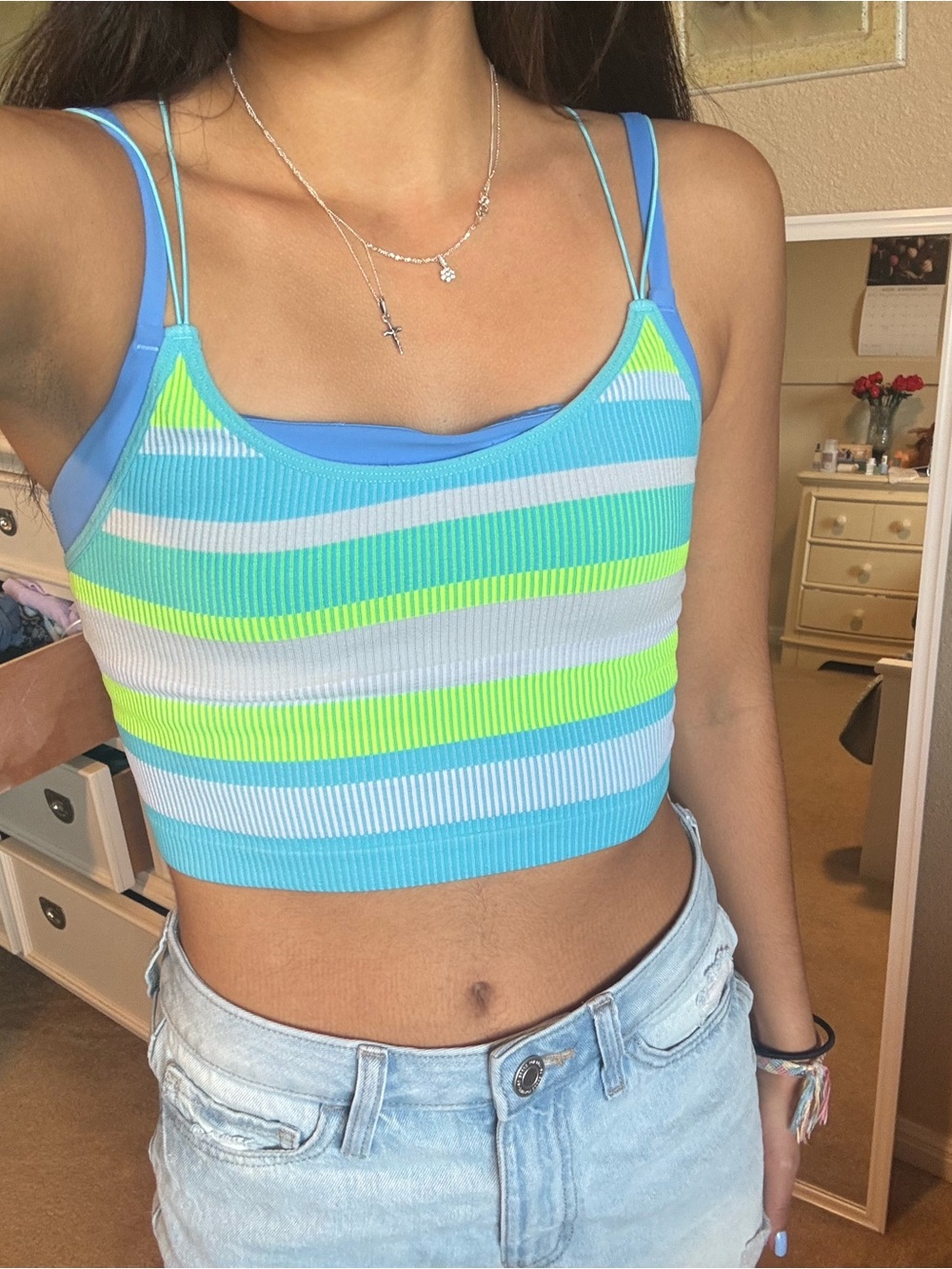 No Boundaries Blue Striped Ribbed Neon Accent Crop Tank